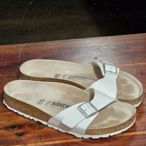 Birkenstock Madrid Womens Slide Sandals Sz 37 White Birko-Flor Buckle Vacation